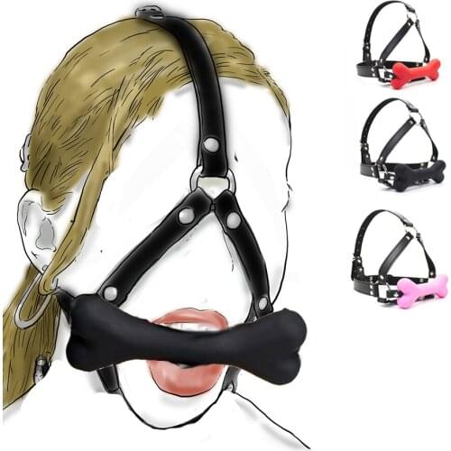Leather Harness Mouth Plug Silicone Dog Bone Ball Gag Adult Game BDSM Bondage Sex Toys For Puppy Play Pet Dog Roleplay Mouth Gag