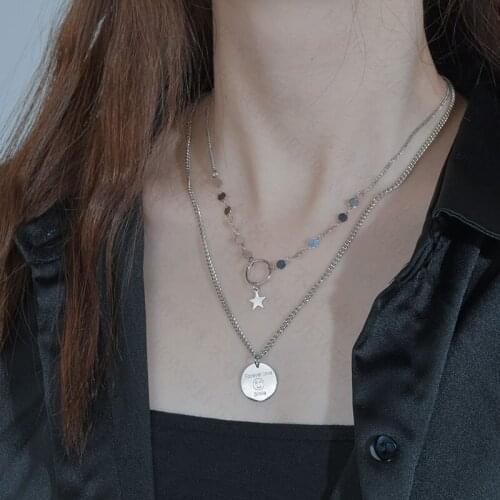 Kpop Smile Face Star Necklace for Women Egirls Stainless Steel Forever Love 2 Layer Punk Hip Hop Goth Edgy Necklace Jewelry Gift