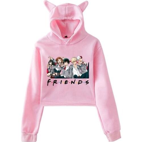 My Hero Academia Anime cat ear Crop Top Sweatshirt Long Sleeve Casual Cartoon girl Hooded Friends Printed Women Trendy Pullover