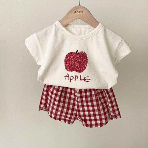 2021 Summer Toddler Baby Boys Clothes Set Soft Short Sleeve Shirt Tee Plaid Shorts Kids Girls Clothing Set Children Fruit Suit
