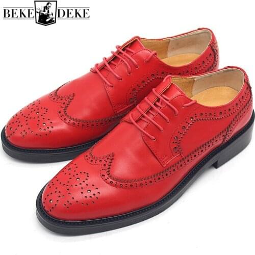 Brand New Genuine Leather Shoes Men Luxury Designer Red Embroidery Wedding Footwear Brogue Carved Wingtip Dress Shoes Plus Size