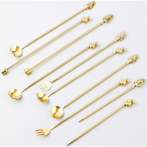 Mixing Scoops Sticks Fork Flatware Set Stainless Steel Gold Coffee Scoops Cocktail Bar Koala Leaf Fruit Salad Decoration 5pcs