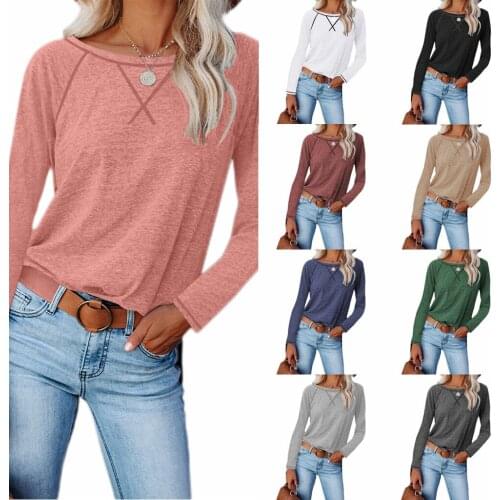 Autumn and winter new European and American womens clothing hot sale round neck solid color long sleeve Designer T-shirt top