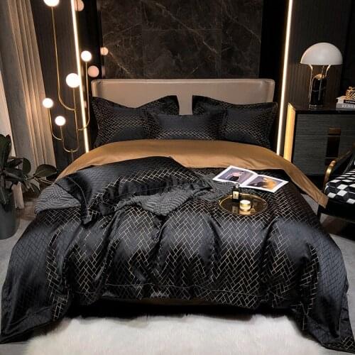 New Luxury Black Gold Yarndyed Jacquard Egyptian Cotton Bedding Set Satin Silky Duvet Cover Flat/Fitted Sheet Pillowcases 4Pcs