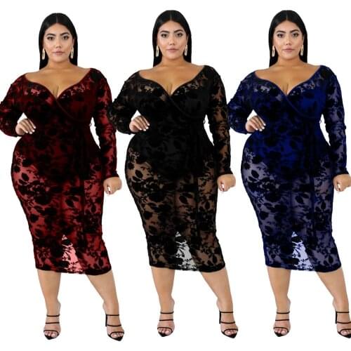 New Women Sexy V Neck Lace Long Sleeve Oversize Plus Size Flocking Embroidery Bodycon Party Dress
