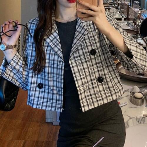 Women Spring Summer Plaid Short Thin Jackets Causal Cropped Blazer