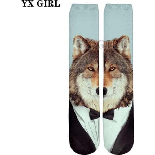 YX GIRL Drop shipping 2018 Summer New Fashion 3D Straight socks Wolf in a suit Funny animals Print Men/Women casual Socks