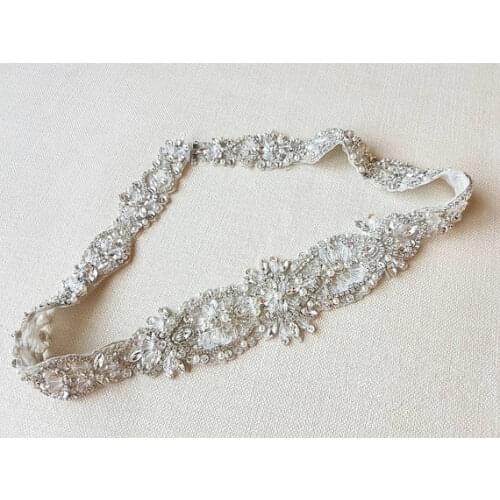 Handmade silver based rhinestone applique crystal beaded rhinestone bridal sash diamante applique , wedding belt applique 79cm