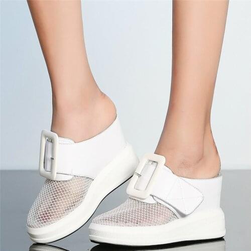 Chic Shoes Women Genuine Leather Wedges High Heel Gladiator Sandals Female Summer Fashion Sneakers Outdoor Round Toe Slippers