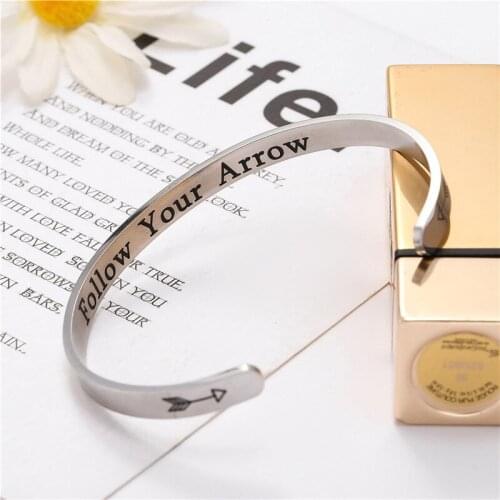 Wide 6mm Cuff Trendy Inspirational Follow Your Arrow Keep Going Bracelets Titanium Encouragement Bangle For Men Women Jewelry