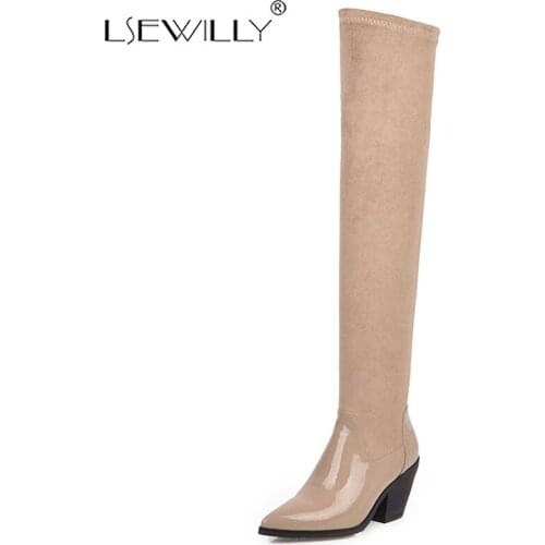 Lsewilly Size 31-46 Thigh High Boots Women Casual Patchwork Stretch Shoes Women Autumn Winter Warm Square Heels Long Boots K224