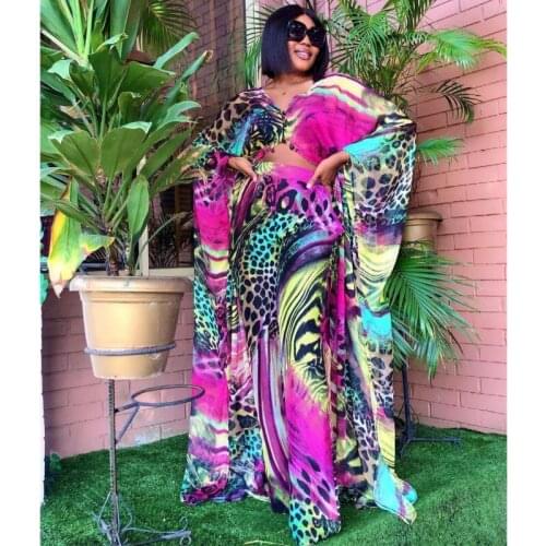 2 Piece Set For Womens Dashiki Chiffon Cardigan Dress And Loose Trousers African Suit Plus Size Two Piece African Clothing 2021