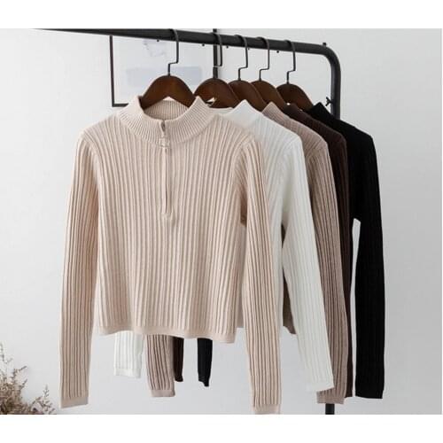 High Neck Zipper Sweater Womens 2020 Autumn And Winter New Korean Style Slim Vertical Pit stripe Short Sweater 6 Colors