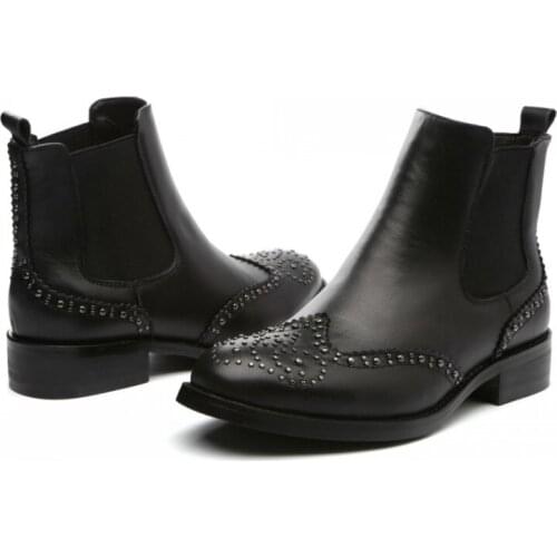 2020 Autumn British Rivet Chelsea Boots Slip On Womens Shoes Female Block Low Heel Ankle Boots Round Toe Brogue Punk Botas Mujer