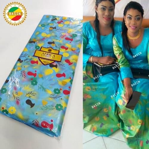 3 Meters Blue Printed Bazin Riche Gextczer For Nigeria Women Party Dresses Manual Gilding Shiny 100% Cotton Bazin Riche Lace