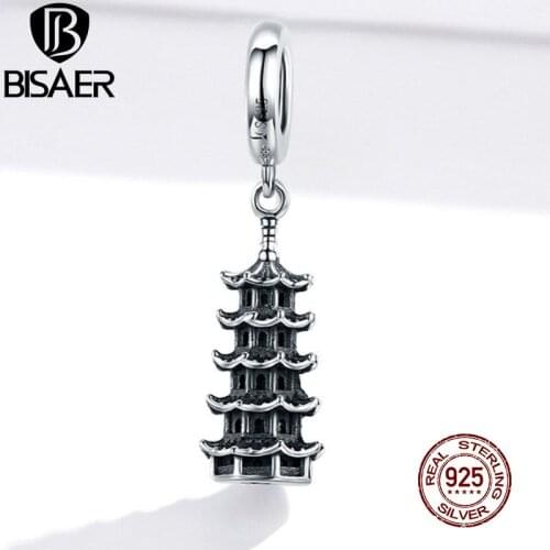 BISAER Chinese Tower Designer Charms For Bracelet Suspension Bead Vintage Pendant 2020 Original 925 Silver Jewelry ECC1544
