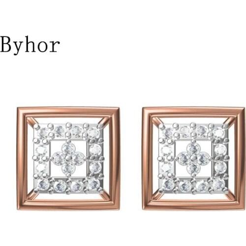 Byhor Solid 14K White/Yellow+White/Rose+White Gold 0.32ct H/SI Natural Diamonds Square Stud Earrings Women Cерьги Fine Jewelry