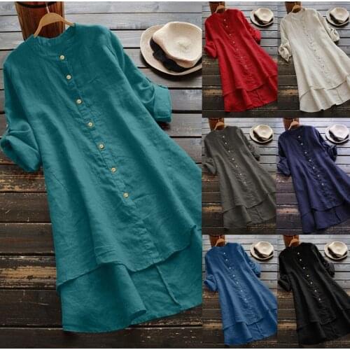 T shirt femme oversize Casual Loose Linen Soild Oversize t-shirt Button Long Sleeve Long Shirt Family look clothing Tee T-shirt