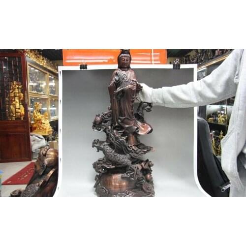 Chinese Fane Red Bronze Copper Stand Dragon Guan Yin Kwan-yin Boddhisatva Statue