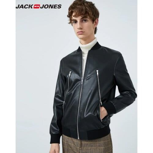 JackJones Mens Faux Leather Baseball Collar Metal Zip Fly Streetwear Jacket Menswear| 219321545