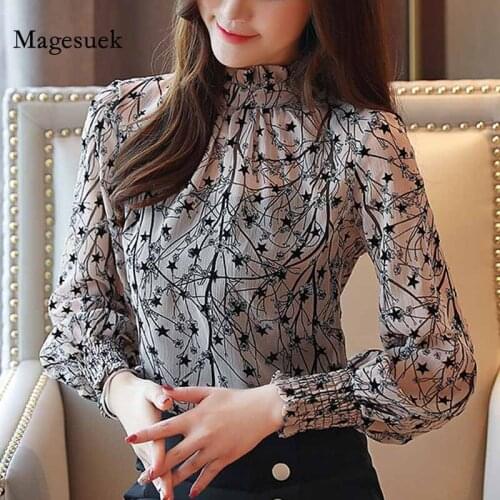 Fashion Casual Stand Collar Floral Women Tops 2020 Spring Women Chiffon Blouses Women Clothing Long Sleeve Printed Shirt 6197 50