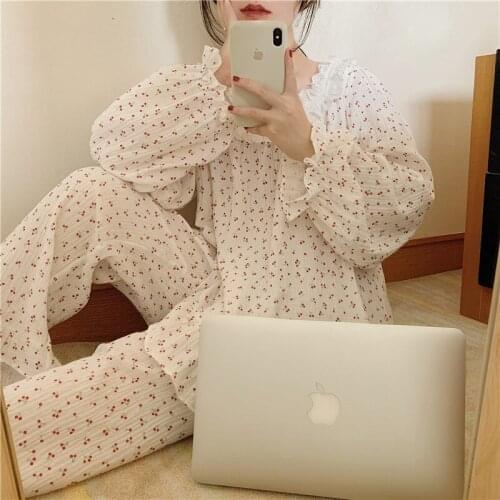 Fashion Red Cherry Print Home Clothes Women Pajamas Set Shirts Pants Sleepwear 2 Piece Set Ladies Nightgowns Cotton Homewear