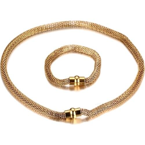 Stainless Steel Gold Color Mesh Chain Necklace Bracelet 1set Cool Mens woman Jewelry