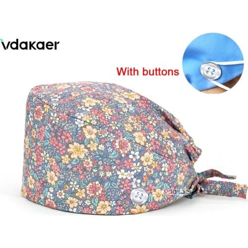 Floral Button Adjustable Pet Grooming Agency Work Scrubs Caps Cartoon Cute Nurse Cap Cat Printing Working Cap Anti-dust