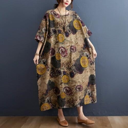 New Arrival 2021 Summer Short Sleeve Dress Women Plus Size Cotton Linen Big Swing Maxi Dress Vintage Female Boho Dress Vestdios
