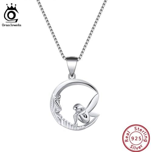 ORSA JEWELS 925 Sterling Silver Necklaces Pendants Fairy Sitting on Moon Original Romantic Necklace Girl Jewelry Gift SN106