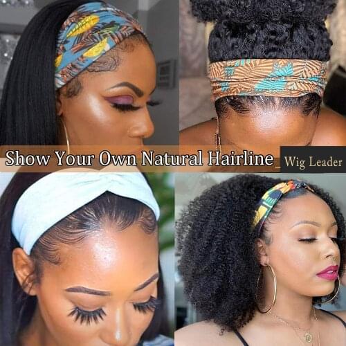 Wigleader Remy Human Hair Headbands Wigs 200% Density kinky curly Hair Wigs Bands Women Hair Wigs on Sales