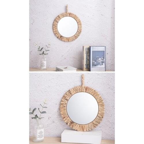 Pastoral Style Wicker Round Makeup Mirror Rattan Wall-Mounted Mirror Handmade Innovative Art Decoration Dressing Crafts