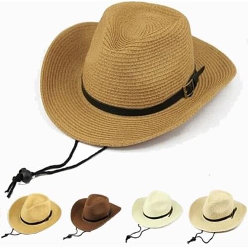 Men Straw Cowboy Hat Sun Hat Folding Western Wide Curved Brim with Adjustable Chin Strap Hat for Summer Outdoor -OPK