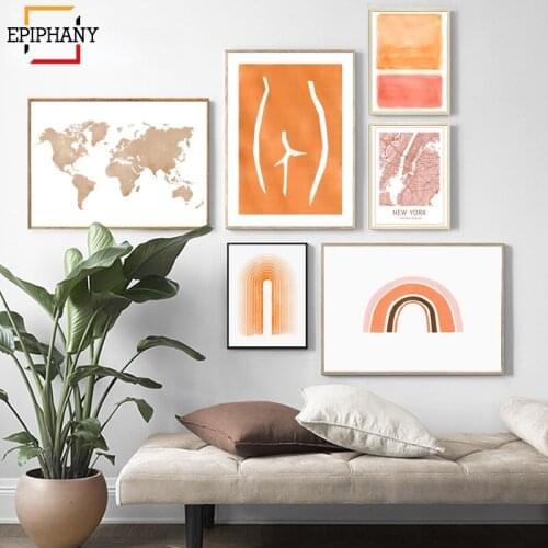 Modern Abstract Gallery Wall Art Orange Rainbow World Map New York City Posters Scandinavian Decor Wall Pictures for Living Room