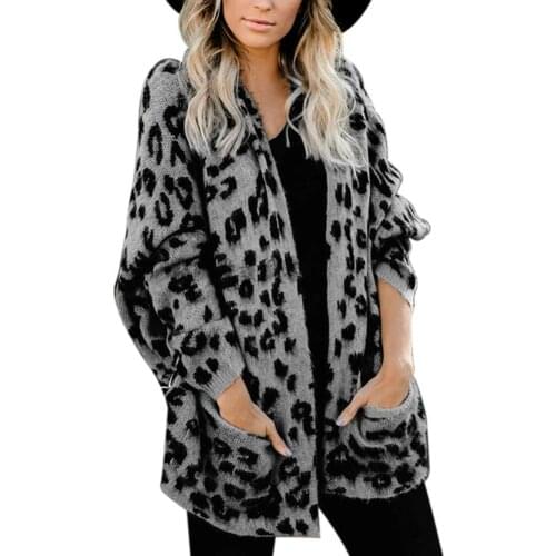 Stylish Women Long Sleeve Open Front Cardigan Leopard Pockets Knit Sweater Coat