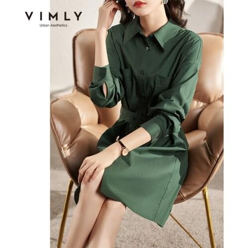 VIMLY Autumn Dresses For Women Elegant Long Sleeve Shirt Dress High Waist Aline Vintage Dress Office Lady Vestidos F8803
