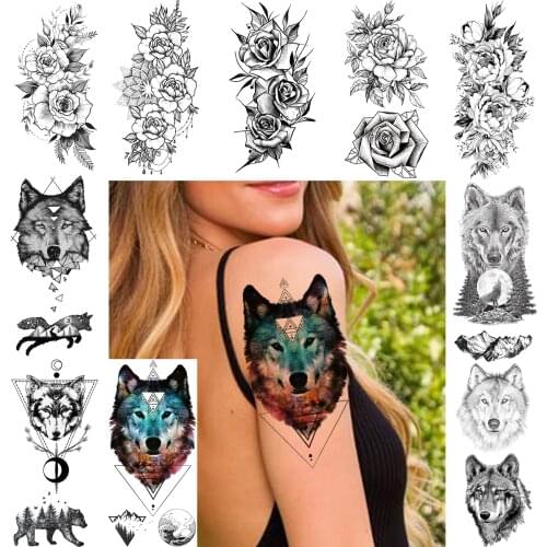 Blue Triangle Forest Wolf Temporary Tattoos For Men Women Realistic Tribal Wolf Tattoo Sticker Flower Arm Body Art Tatoo Paste