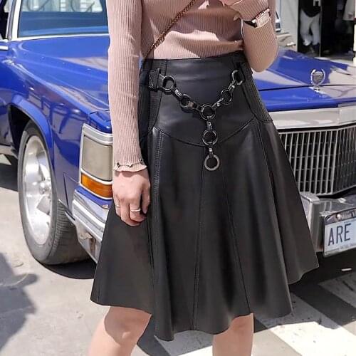High Quality Real Leather Skirt In Spring Womens Middle School Long A-line Black Genuine Sheepskin Skirt with Chain Simple Wear