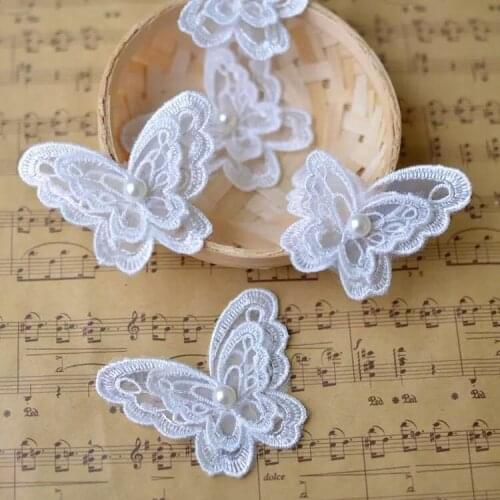Free Shipping 5 Pieces 6.5*6.5cm Embroidered Butterfly Organza Lace Applique with Pearl Lace Trim Dress DIY Lace Accessories