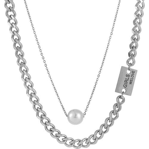 316L Stainless Steel Titanium Steel Metal Chain Necklace Tag Pearl Double English Letter Necklace No Fade