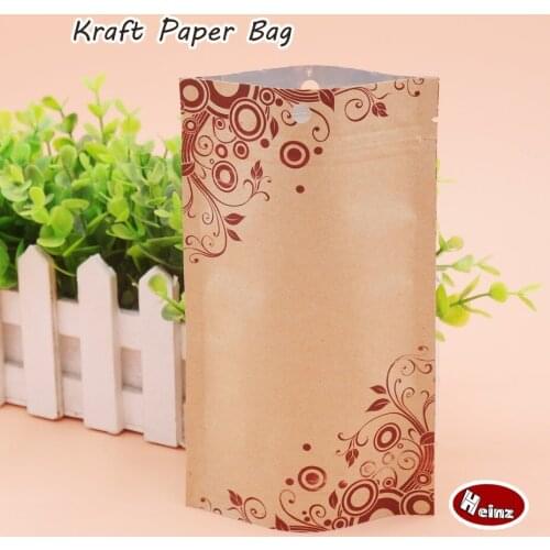 Printed flower kraft paper bag / Self sealing /Reusable/ Nuts and snacks/ Food packaging store. Spot 100/ package