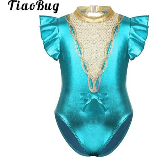 TiaoBug Kids Girls Short Flutter Sleeves Metallic Sparkly Sequins Ballet Gymnastics Leotard Showman Performance Dance Costume