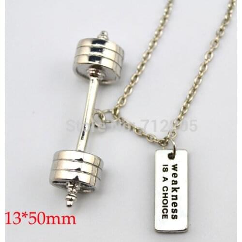 Fitness weightlifting Gym Jewelry 20pcs a lot Dumbbell barbell with Weakness Is A Choice chain necklace (A1211)