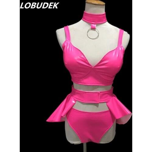 Fluorescent Rose Bikini Outfits Sexy Pole Dancing Performance Clothes DJ Singer Dancer Stage Wear Bar Rave Show Gogo Costume