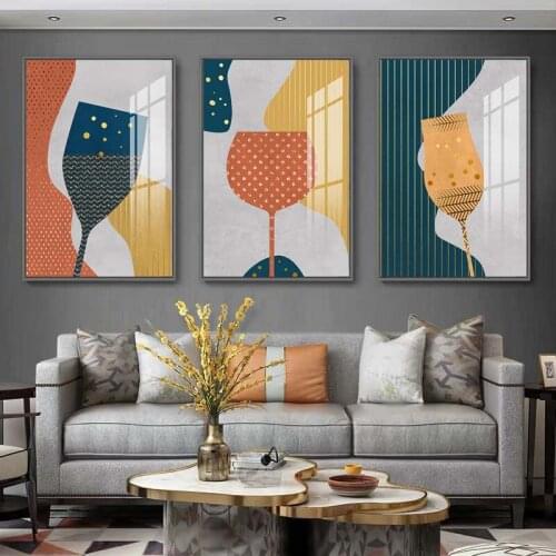 Geometric Abstract Champagne Goblet Canvas Painting Colorful Glass Wall Art Poster Modern Kitchen Restaurant Decoration