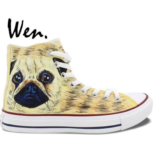 Wen Hand Painted Shoes Original Design Custom Pet Dog Pug High Top Yellow Canvas Sneakers Men Womens Birthday Gifts
