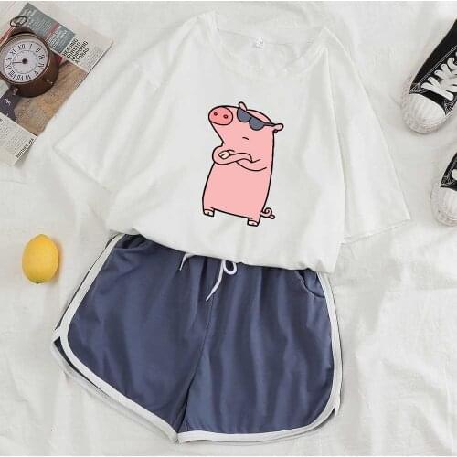 Two Piece Set Shorts Sets Pajamas for Women Sleepwear Women Cute Clothes Homewear Femme Cartoon Pig Graphic Tees Casual Shorts