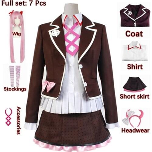 Anime Danganronpa Another Episode: Utsugi Kotoko Cosplay Wig and JK Uniform Pink Long Hair Halloween Woman Party Clothes FullSet