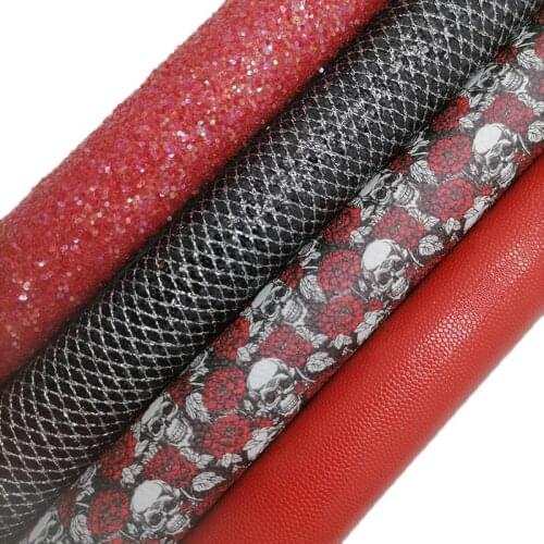 Red Glitter leather, Halloween Skulls Printed synthetic leather, Caviar Embossed Faux Leather Sheets For Bows DIY 21x29CM KM688