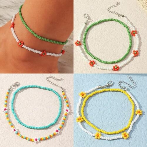 Fashion Boho Plastic Geometric Ankle Chain Womens Bohemia Daisy Measle Contrast Color Beads Multilayer Anklets Jewelry for Girls